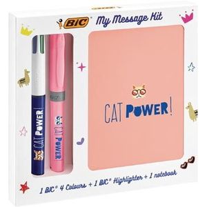 Bic Message Kit Catpower, balpen 4 colours, markeerstift highlighter en notitieboekje ft A6