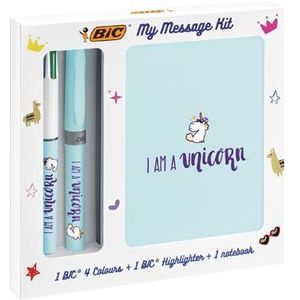 Bic Message Kit Unicorn, balpen 4 colours, markeerstift highlighter en notitieboekje ft A6
