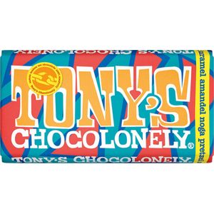 Chocolade Tonys Chocolonely melk karamel, amandel, noga, pretzel en zeezout 180 gram, 1 reep
