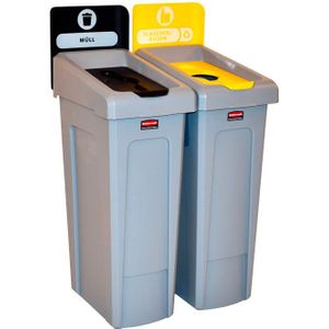 Slim Jim Recyclingstation 2-stroom DU deksel gesloten (zwart)/flessen (geel), Rubbermaid