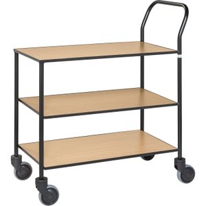 Geheel gelaste Design-trolley 3 planken zwart/hout beuken met rem