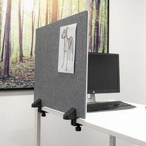 Scheidingsscherm Bureau/Tafel, whitebord extra hygienisch emailstaal wit / prikbord akoestisch grijs, incl. 2x bureauklem dubbel