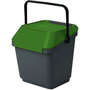 Afvalemmer stapelbaar 35 liter grijs met groen deksels-sHandvats-sEasyMax