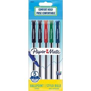 Paper Mate balpen Brite met comfortabele grip, fijn 0,7 mm, blister van 5 stuks, geassorteerde kleuren