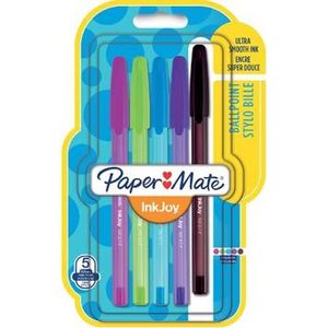 Paper Mate balpen InkJoy 100 met dop, blister met 5 stuks in geassorteerde fun kleuren