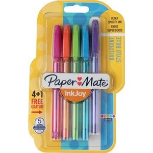 Paper Mate balpen InkJoy 100 met dop, blister met 4 stuks in geassorteerde fun kleuren