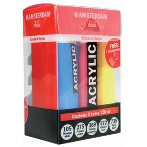 Amsterdam acrylverf tube van 120 ml, etui van 5 tubes in primaire kleuren