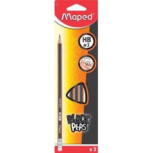 Maped potlood Black'Peps HB, met gum, kartonnen ophangetui met 3 stuks