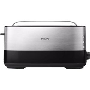 Philips Viva Collection Zwarte metalen broodrooster met lange sleuf en broodjeswarmer