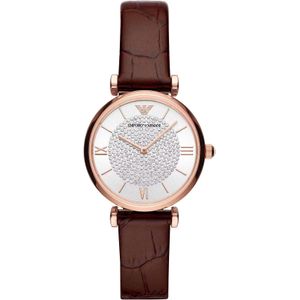 Emporio Armani Bruin Staal / Leren Quartz Horloge Dames