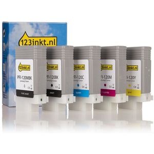 Canon aanbieding: PFI-120 MBK, BK, C, M, Y 2 zwart + 3 kleuren Inktcartridge (123inkt huismerk)