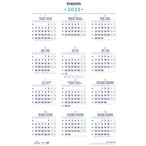 Brepols jaarkalender 2025 op posterformaat 40 x 60,5 cm (4-talig)