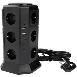 123inkt stekkerdoos toren met 12 stopcontacten en 5 USB zwart (2 meter)