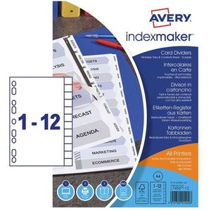 Avery IndexMaker L7410-12M bedrukbare kartonnen tabbladen A4 met 12 tabs (9-gaats)