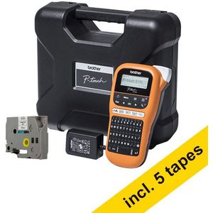 Brother PT-E110VP industrieel beletteringsysteem met draagkoffer (QWERTY) + 5 zwart op wit tapes