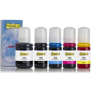 Epson 105/106 aanbieding: 2 zwart + 3 kleuren Inktcartridge (123inkt huismerk)