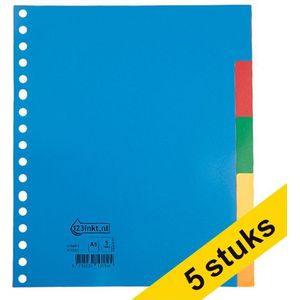 Aanbieding: 5x 123inkt plastic tabbladen A5 gekleurd met 5 tabs (17-gaats)