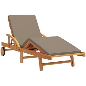 Ligstoel Minoes Met Wielen - Kussen Taupe kleur - Massief Acacia hout