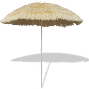 <p>Deze weerbestendige strandparasol heeft een diameter van ca. 1,8 m. De parasol heeft een kantelbaar ontwerp en een unieke uitstraling, waardoor hij ideaal is voor restaurants, strandtenten, strandbarren, maar ook in uw eigen achtertuin.</p>
<p>Het is zowel een decoratieve als functionele toevoeging aan zwembaden, hotels of wellness centres. De bovenkant bestaat uit vijf individuele matten die aan de metalen structuur zijn bevestigd. Aan het uiteinde zit de bovenkant van de parasol.</p>
<p>Het gepoedercoate stalen frame zorgt voor stabiliteit en geeft de strandparasol een mooie uitstraling. Het kwalitatief hoogwaardige parasoldoek en polyester voering maken dit product weerbestendig en duurzaam.</p>
<p>De parasol kan worden gekanteld, om op verschillende tijden voor schaduw te kunnen zorgen.</p>
<ul>
  <li>Afmetingen parasol: 180 cm (diameter)</li>
  <li>Hoogte: 185 cm</li>
  <li>Materiaal: stalen frame + PP doek</li>
  <li>Afwerking: gepoedercoat</li>
  <li>Met stok bestaande uit 2 delen</li>
  <li>Praktisch kantelbaar ontwerp</li>
  <li>Met duurzaam doek</li>
  <li>Hawaii-stijl</li>
  <li>Materiaal: Polyester: 100%</li>
</ul>