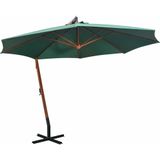 <p>Deze elegante, hoogwaardige, hangende parasol is perfect om schaduw te creëren en je te beschermen tegen schadelijke uv-stralen. Ideaal voor ontspanning met je familie op de veranda, het terras of in de tuin.</p>
<p>De parasol is een opvallende toevoeging aan je buitenruimte. Het parasoldoek is gemaakt van uv-bestendig en kleurvast polyesterweefsel, waardoor het optimale bescherming biedt tegen de zon.</p>
<p>De sterke houten paal, samen met 8 stevige bamboe baleinen en een kruisvormige parasolvoet, zorgen voor uitstekende stabiliteit en duurzaamheid. De luifel hangt vrij van de paal, waardoor de ruimte onder de parasol niet wordt geblokkeerd.</p>
<p>Dankzij het zwengelmechanisme kan de tuinparasol eenvoudig worden geopend en gesloten. Het heeft een slim ontwerp en is eenvoudig te monteren. Inclusief een steeksleutel en een schroevendraaier.</p>
<ul>
  <li>Kleur: groen</li>
  <li>Materiaal frame: grenenhouten paal met 8 bamboebalken</li>
  <li>Materiaal parasoldoek: stof (waterdicht, uv-bestendig en kleurvast)</li>
  <li>Materiaal kruisvoet: ijzer</li>
  <li>Diameter parasoldoek: 350 cm</li>
  <li>Totale hoogte: 290 cm</li>
  <li>Dikte paal: 55 mm</li>
  <li>Afmetingen kruisvoet: 100 x 100 cm (L x B)</li>
  <li>Met ventilatie</li>
  <li>Met zwengelmechanisme</li>
  <li>Eenvoudig te monteren</li>
  <li>Inclusief een steeksleutel en een schroevendraaier</li>
  <li>Materiaal: Polyester: 100%</li>
</ul>