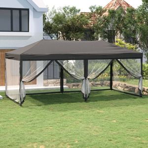 <p>Deze musthave inklapbare partytent is perfect voor een breed scala aan buitenevenementen, zoals familiebijeenkomsten, barbecues, picknicks, kampeertrips, verjaardagsfeestjes en meer!</p>
<p>Het inklapbare ontwerp van de tent zorgt voor eenvoudige opslag en transport.</p>
<p>Deze paviljoen is gemaakt van 210D oxford stof met zilverkleurige coating, waardoor het uv-bestendig en waterafstotend is. De stof houdt schadelijke uv-stralen tegen en is bestand tegen vochtigheid en regenachtig weer.</p>
<p>De praktische zijwanden van deze gazebo beschermen je tegen vliegende insecten. Daarnaast heeft het ook deurpanelen voor gemakkelijke toegang.</p>
<p>Het stalen frame biedt stevigheid en stabiliteit. Let op: dit product mag NOOIT gebruikt worden bij slechte weersomstandigheden, zoals sterke wind, zware regen, sneeuw of storm.</p>
<p>Bij elk product wordt een montagehandleiding in de doos geleverd, voor eenvoudige montage.</p>
<ul>
  <li>Kleur: antraciet</li>
  <li>Materiaal dak: 210D oxford stof met zilverkleurige coating</li>
  <li>Materiaal zijwand: 100% polyester</li>
  <li>Materiaal frame: staal</li>
  <li>Totale afmetingen: 572 x 292 x 244cm (L x B x H)</li>
</ul>