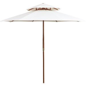 <p>Deze elegante houten parasol is de perfecte keuze om schaduw te creëren en je te beschermen tegen schadelijke uv-stralen tijdens het lezen of drinken van koffie met je familie of vrienden op je terras of in de tuin.</p>
<p>De parasol kan makkelijk geopend en gesloten worden en het parasoldoek is gemaakt van uv-bestendig en kleurvast polyester.</p>
<p>De sterke hardhouten paal in prachtige teak-kleur, in combinatie met de 8 stevige balken, dragen bij aan de stabiliteit van de parasol.</p>
<p>Dit maakt de parasol erg duurzaam en geschikt voor jarenlang gebruik. Daarnaast zorgt de dubbeldekkerconstructie voor luchtcirculatie op warme dagen.</p>
<ul>
  <li>Kleur parasoldoek: crèmewit</li>
  <li>Materiaal frame: hardhout</li>
  <li>Met 8 gelamineerde bamboebalken en hardhouten trekkers</li>
  <li>Afmetingen parasoldoek: 270 x 270 cm (B x L)</li>
  <li>Diameter paal: 38 mm</li>
  <li>Hoogte: 2,59 m</li>
  <li>Met ventilatie</li>
  <li>Met dubbeldekker luifel</li>
  <li>Enkelvoudig katrolsysteem</li>
  <li>Materiaal: Polyester: 100%</li>
</ul>