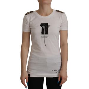 Dolce & Gabbana Witte Zwarte Rozen Crewneck Katoenen Dames T-shirt