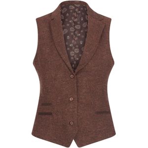 Dames - Roestbruin - Gilet - Wollen Tweed - Visgraat met Ruitjesmotief