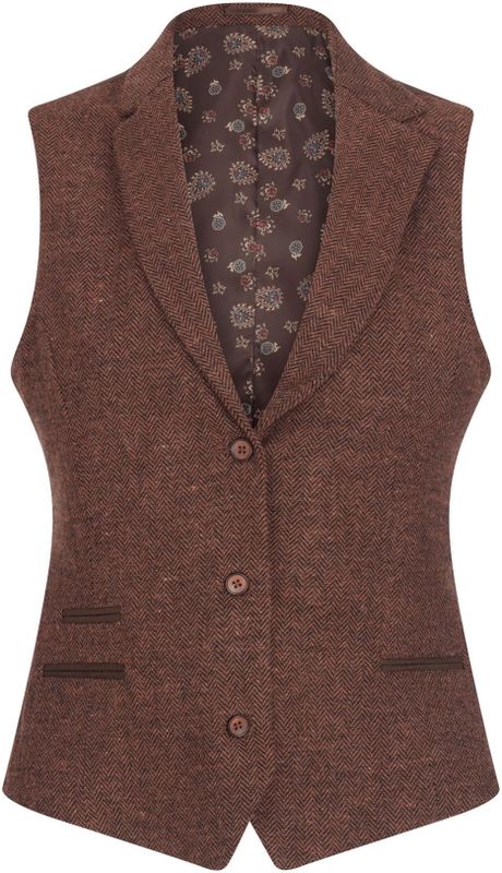 Dames - Roestbruin - Gilet - Wollen Tweed - Visgraat met Ruitjesmotief