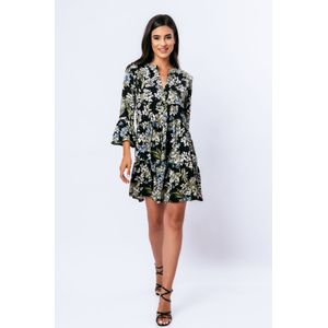 A-lijn Jurk - Kaki Ecru en Blauwe Bloemen - Klokmouwen