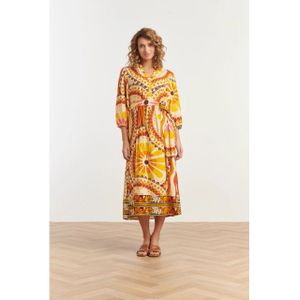 Smashed Lemon - 35173 - Lange Jurk - Geel en Oranje - Abstracte Print