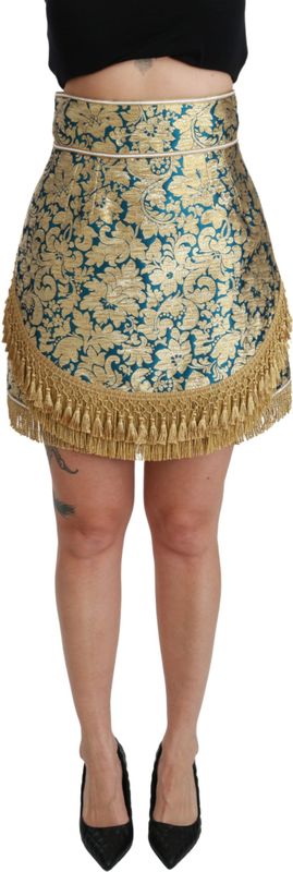 Dolce & Gabbana Damesrok van blauwe hoge taille jacquard, kwastje en goud