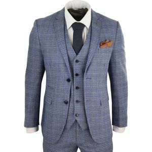 Heren - 3-delige - Blauw Grijze - Tweed Check - Vintage Retro Pak