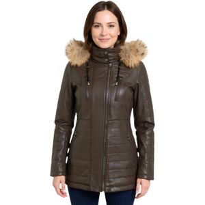 Dames - Bruine - Gewatteerde Leren Parka Jas - Bowen