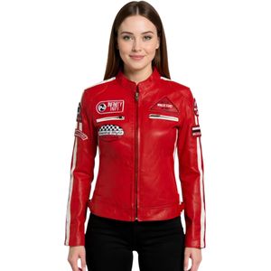 Dames - Dalby - Leren Bikerjack - Rood - Met Racebadges