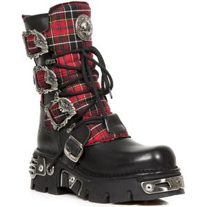 New Rock - Tartan - Leren Biker Laarzen - Rood - Metallic Collectie