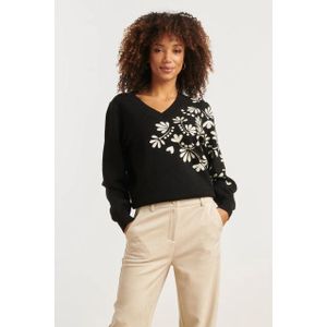 Smashed Lemon - Gebreide Top - Zwart en Offwhite - V-hals - Bloemenprint