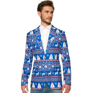 Suitmeister - Nordic Kerstblazer - Blauw - Slanke Pasvorm - Feestelijke Print