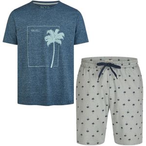 Phil & Co Heren shortama korte pyjama katoen palm print blauw