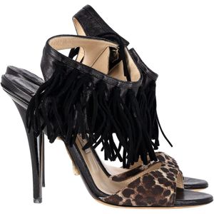 Jimmy Choo Leopardenprint Fringesandalen in Zwart Leer