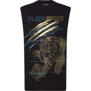 Plein Sport - Tank Top - Zwart - Katoen - Mouwloos - Gelamineerde Tijgerprint