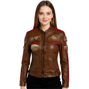 Dames - Bruin - Bikerjack - Dalby - Leren - Met Racebadges