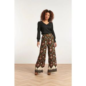 Smashed Lemon - 23527 - Rechte Wijde Broek - Tribal Print - Army Green Oranje Sand Zwart