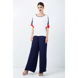 Top - Wit - Korte Mouwen - Geweven Crêpeachtige Stof - Rood en Blauw Detail