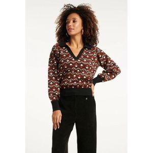 Smashed Lemon Retro gebreide top in bruin en zwart met v-hals en kraag |
