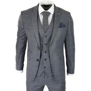 Heren Grijs Pak 3-delig Geruit Vintage Retro Slim Fit Trouwpak Klassiek