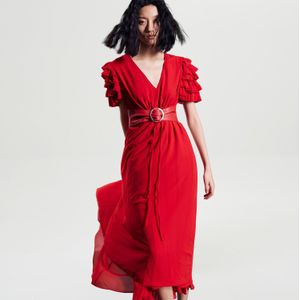 Gelaagde franjes schouder lange jurk