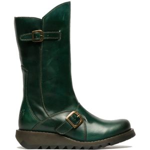 Fly London - MES 2 - Leren Laarzen - Groen - Mid-Calf - Wedge Heel Buckle