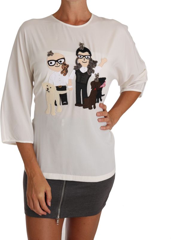 Dolce & Gabbana - Blouse - Wit - Dames - Elegante Zijde Blend met Familie-applicatie