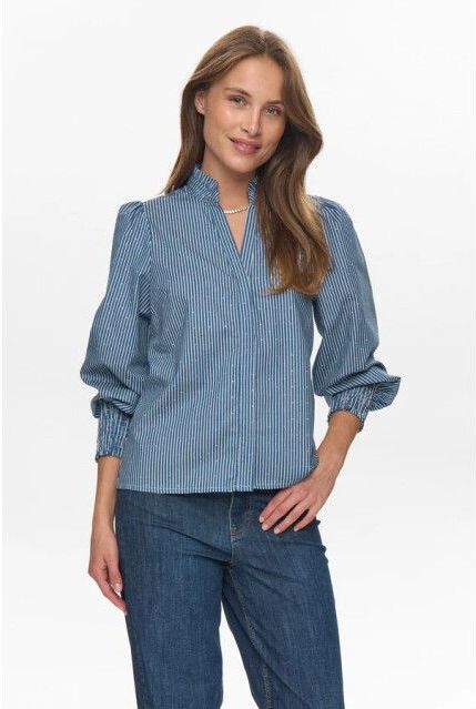 NÜMPH Blouse 'Emilie'  blauw denim / wit
